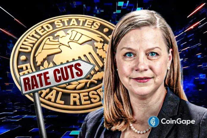 Fed Governor Michelle Bowman has commented on how many more rate cuts the FOMC could make this year. This comes as the crypto market prices in another Fed rate cut at the upcoming October FOMC meeting, while there is also the likelihood of another cut at the December meeting. Michelle Bowman Sees Two More Fed
The post <a href="https://coingape.com/michelle-bowman-projects-two-more-fed-rate-cuts-this-year/">Fed Governor Michelle Bowman Projects Two More Rate Cuts This Year</a> appeared first on <a href="https://coingape.com/">CoinGape</a>.